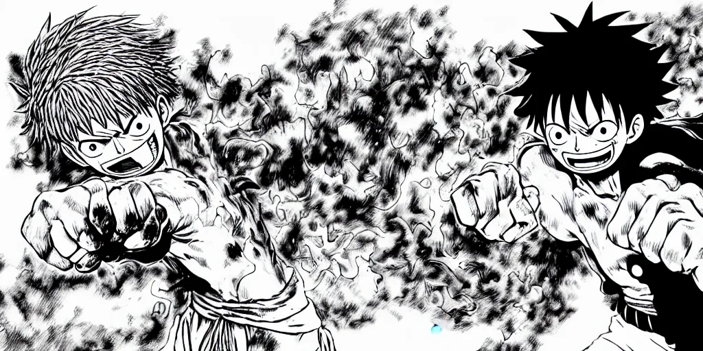 Image similar to luffy punch, berserk, 4 k resolution, comic style ， by miura kentaro, ultra detailed,