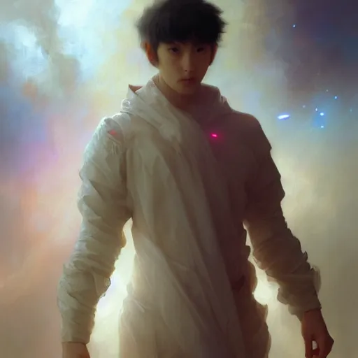 Image similar to A man drinking a cup of cosmic energy bright light, illustration by Ruan Jia and Mandy Jurgens and William-Adolphe Bouguereau, Artgerm, 4k, digital art, surreal, anime style, space dandy style, highly detailed, godsend, artstation, digital painting, concept art, smooth, sharp focus, illustration by Ruan Jia and Mandy Jurgens and William-Adolphe Bouguereau, Artgerm