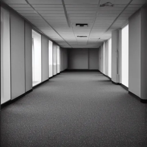 Image similar to photo of an empty 1 9 7 0 s office building, liminal space, grainy, compression artifacts