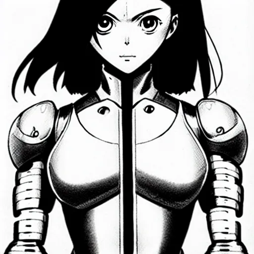 Image similar to alita by yukito kishiro. medium shot. black and white manga. pencil drawing.