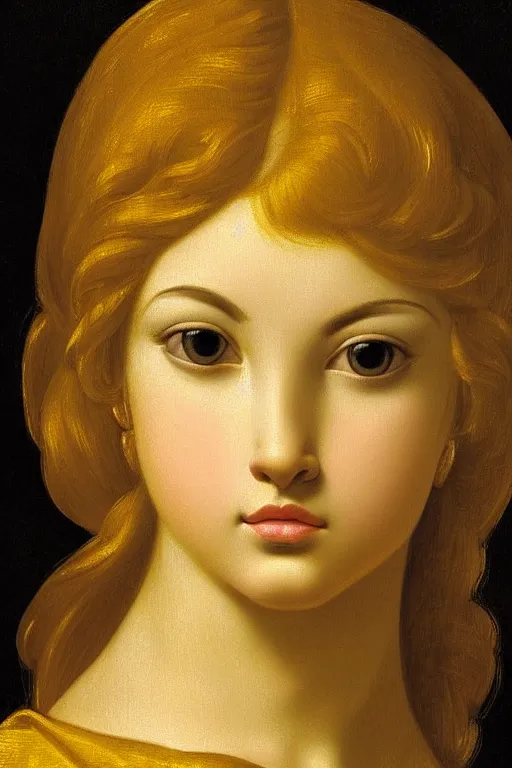 Image similar to Beautiful girl, calm face, closeup, ultra detailed, made in gold, Guido Reni style