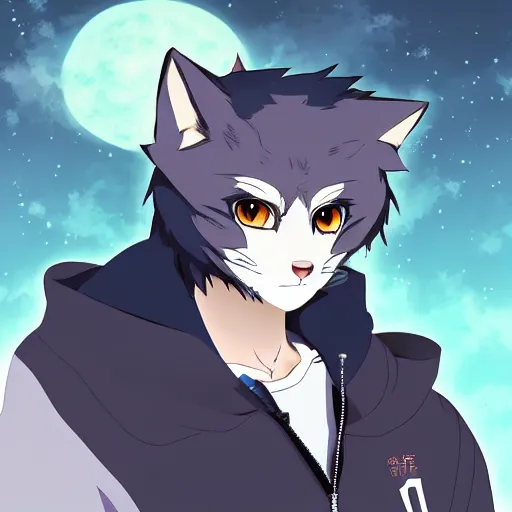 Image similar to key anime visual portrait of a handsome male anthro wolf furry fursona with beautiful eyes, wearing a hoodie, official modern animation