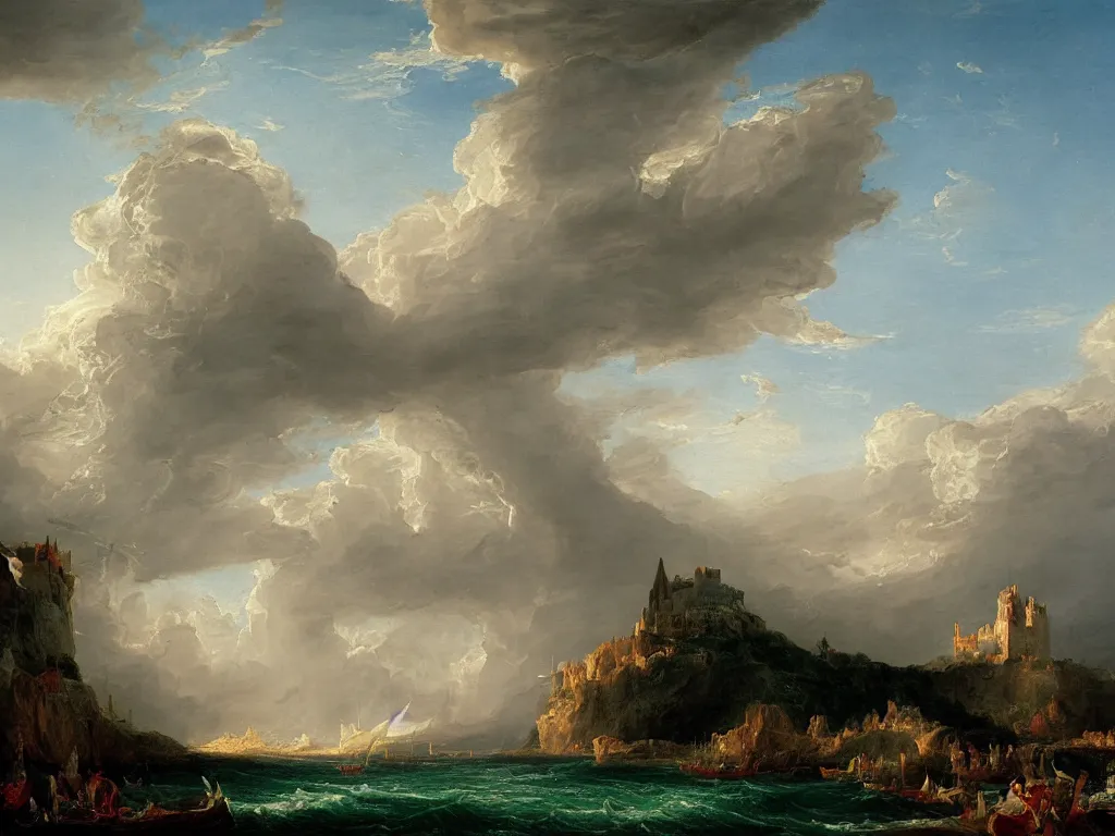Prompt: a landscape painting of a castle on the ship, by Thomas Cole