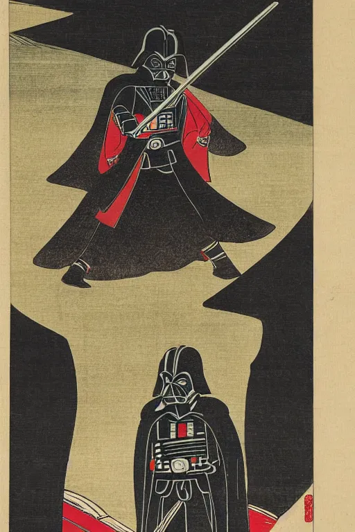 Prompt: Japanese woodblock print of Darth Vader holding a samurai sword , Japanese building and cherry blossom, Hokusai