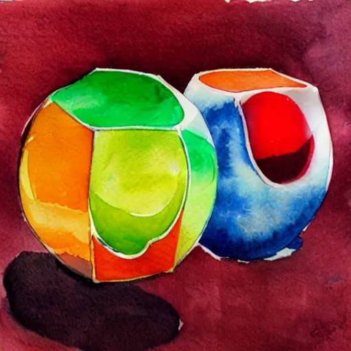 Prompt: chrome spheres on a red cube, watercolor