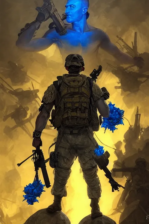 Image similar to special forces soldier with ukrainian blue yellow flag standing on a pile of skulls as a winner, masculine figure, d & d, fantasy, bright atmosphere, volumetric lights, intricate, elegant, extremely detailed, digital painting, artstation, concept art, matte, smooth, sharp focus, hyper realistic, illustration, art by artgerm and greg rutkowski and alphonse mucha