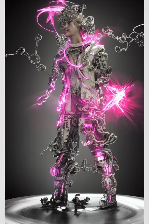 Prompt: full-body rococo and cyberpunk style porcelain sculpture of a young handsome seductive Peruvian android prince reaching for the sky, glowing pink laser eyes, crown of white gears and diamonds, swirling green-colored silk fabric. futuristic elements. full-length view. intricate artwork by caravaggio. Trending on artstation, octane render, cinematic lighting from the right, hyper realism, octane render, 8k, depth of field, 3D