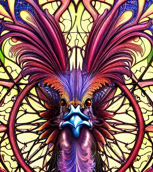 Image similar to hyperrealistic detailed face portrait of a beautiful rooster morphing into a gothic cathedral, authentic ornamental architecture, intricate and highly detailed, awe inspiring art by ernst haeckel, h. r. giger, alphonso mucha, android jones, james jean, gothic, neo - gothic, heavily ornamental, nice deep colours,