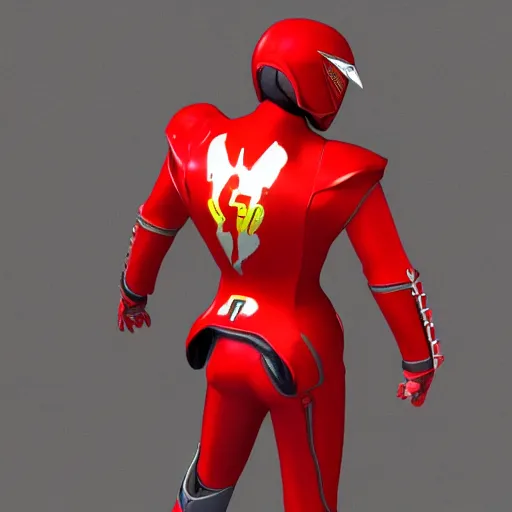 Image similar to Tokusatsu character based on Ferrari, red mechanical skinny body, chest plate with Ferrari logo, stylized motorcycle helmet, full body, unreal engine, 3D model