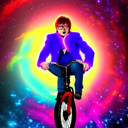 Image similar to austin powers riding a unicycle, clouds, nebulae, starburst, neon colors, dreamy, phone wallpaper, 4 k, unreal engine, artstation, colorful, beautiful