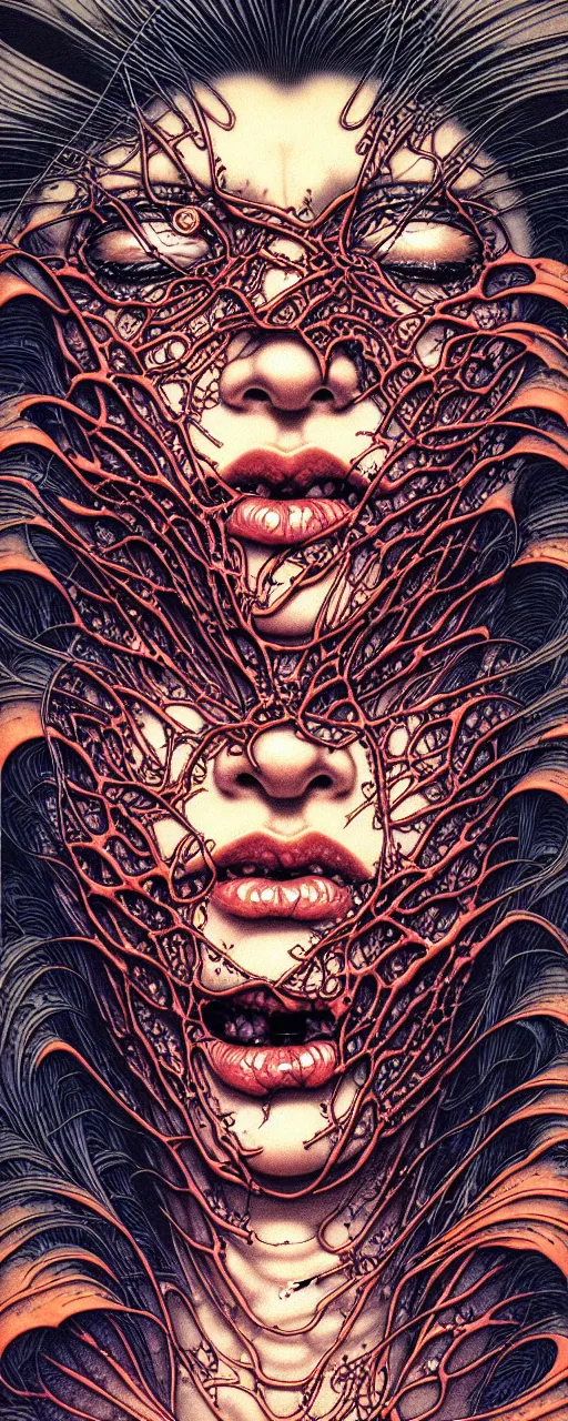 Image similar to closeup of face melting in agony, inside a frame on a tiled wall, frontal picture, by yoichi hatakenaka, masamune shirow, josan gonzales and dan mumford, ayami kojima, takato yamamoto, karol bak