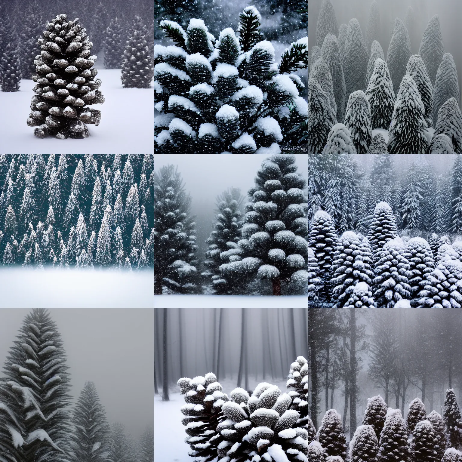 Prompt: snowy pine cone landscape, foggy