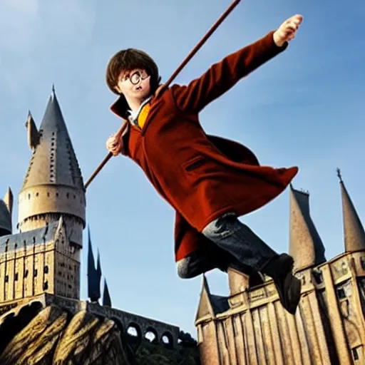 Prompt: Harry Potter flying on a broom