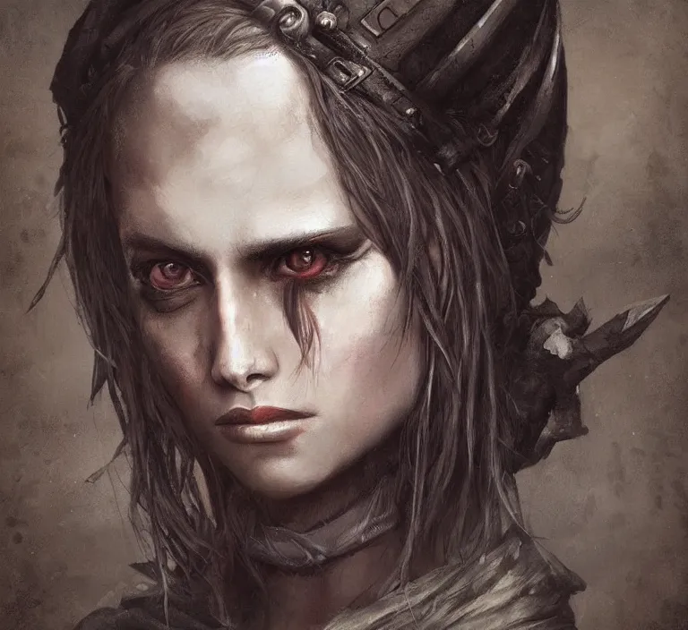 Image similar to a rugged female warrior in the style of tom bagshaw