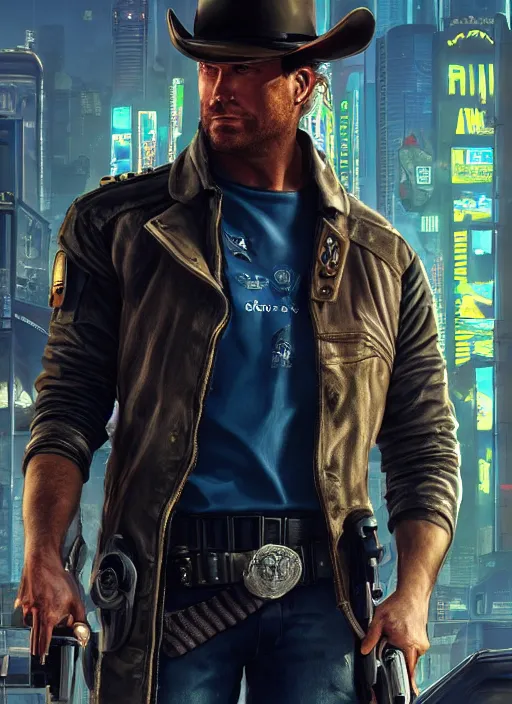 Image similar to arthur morgan. cyberpunk police trooper in a military vest ( blade runner 2 0 4 9, cyberpunk 2 0 7 7 ). orientalist portrait by john william waterhouse and james gurney and theodore ralli and nasreddine dinet, oil on canvas. cinematic, hyper realism, realistic proportions, dramatic lighting, high detail 4 k