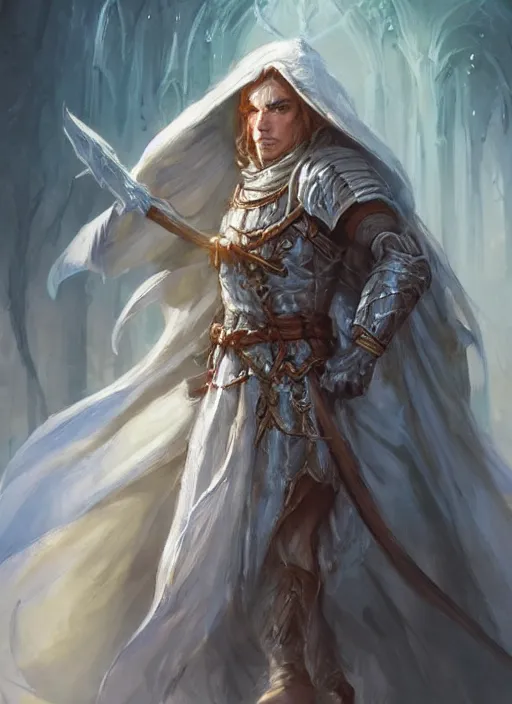 Image similar to white cloak, ultra detailed fantasy, dndbeyond, bright, colourful, realistic, dnd character portrait, full body, pathfinder, pinterest, art by ralph horsley, dnd, rpg, lotr game design fanart by concept art, behance hd, artstation, deviantart, hdr render in unreal engine 5