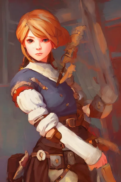 Image similar to a portrait of a cute female medieval peasant, rustic setting, overwatch art team, action pose, vivid colors, soft lighting, atmospheric, cinematic, moody, splash art in the style of ilya kuvshinov and range murata, oil on canvas, 8 k