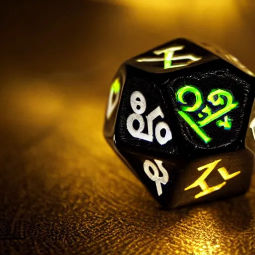 Prompt: d 2 0 with glowing runes, realistic photography, high detailed