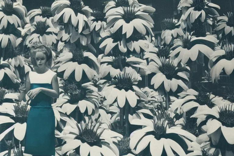 Image similar to giant flower head, girl standing, 1 9 6 0 s hotel, surreal photography, centered frontal, symmetry, mid century, bright colours, wes anderson