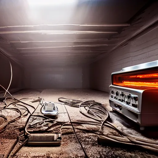 Image similar to toaster oven connected to 1 0 0 cables, symmetry, dark messy smoke - filled cluttered workshop, dark, dramatic lighting, orange tint, sparks, cinematic, highly detailed, sci - fi, futuristic, movie still