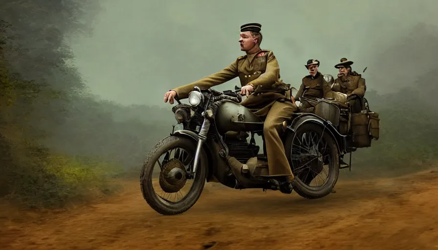 Image similar to british officer driving a motorcycle in 1921 in kerala forest road, tribe members attacking, action scene, an epic fantasy, dramatic lighting, cinematic, establishing shot, extremely high detail, photorealistic, cinematic lighting, artstation, by christopher nolan, horizon forbidden west