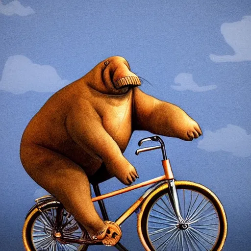 Image similar to anthropomorphic walrus riding a bicycle at sunrise realistic, hyperrealistic, very realistic, highly detailed, very detailed, extremely detailed, detailed