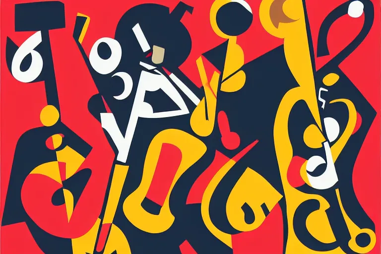 Prompt: abstract art poster of jazz musicians and musical notes in the style of Stuart Davis, matte illustration, texture,