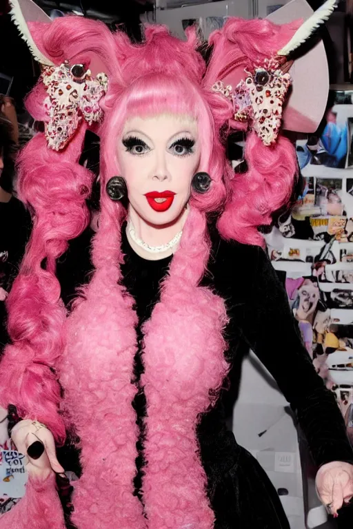 Image similar to Angelyne shoos away paparazzi holding cameras with salami lenses