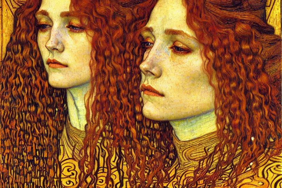 Image similar to detailed realistic beautiful young medieval queen face portrait by jean delville, gustav klimt and vincent van gogh, art nouveau, symbolist, visionary, gothic, pre - raphaelite, muted earthy colors, desaturated