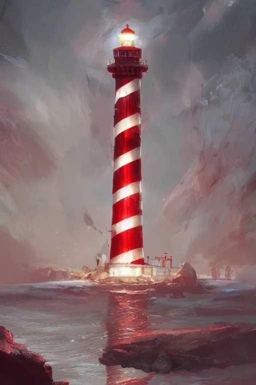 Image similar to a red and white lighthouse inside a clear bottle, very fancy whiskey bottle, intricate concept painting by by eddie mendoza and ross tran and craig mullins