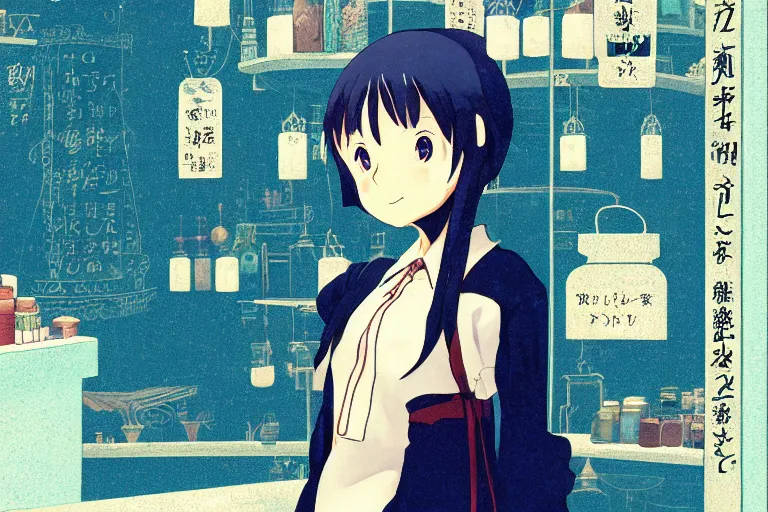 Prompt: anime visual, portrait of a young female traveler in a alchemist's shop interior, cute face by yoh yoshinari, katsura masakazu, studio lighting, dynamic pose, dynamic perspective, strong silhouette, anime cels, ilya kuvshinov, cel shaded, crisp and sharp, rounded eyes, moody, ( ( cool colors ) )