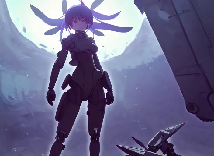 Image similar to homura akemi in mechanical exoskeleton resembling a su - 1 0 2, battlefield landscape, illustration concept art anime key visual trending pixiv fanbox by wlop and greg rutkowski and makoto shinkai and studio ghibli and kyoto animation, soldier clothing, grimdark, volumetric lighting