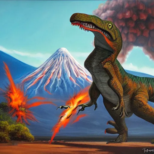 Prompt: A comit about to hit earth, a trex dinosaur is looking, a volcano erupting in the background, oil painting