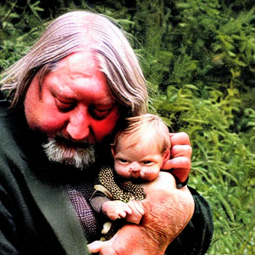 Image similar to robert wyatt cradling a goblin like a baby, photograph