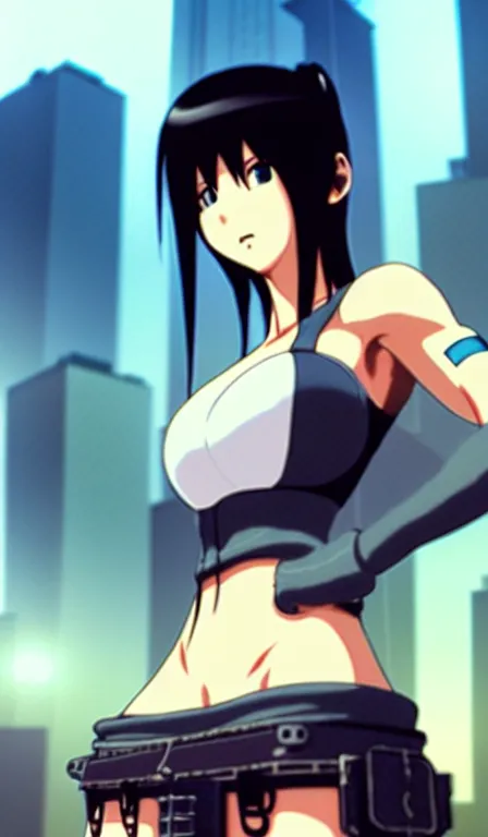 Image similar to anime fine details portrait of Tifa Lockhart in front of cyberpunk moder city landscape on the background deep bokeh, close-up view, anime masterpiece by Studio Ghibli. 8k, sharp high quality anime, artstation