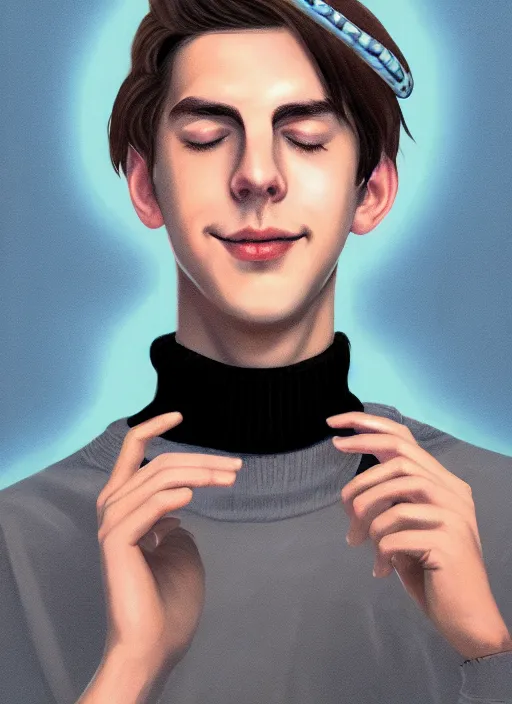 Image similar to portrait of teenage jughead jones wearing a light grey crown, crown, eating hamburger, blue turtleneck, eyes closed, crown, black hair, intricate, elegant, glowing lights, warm lighting, highly detailed, digital painting, artstation, concept art, smooth, sharp focus, illustration, art by wlop, mars ravelo and greg rutkowski