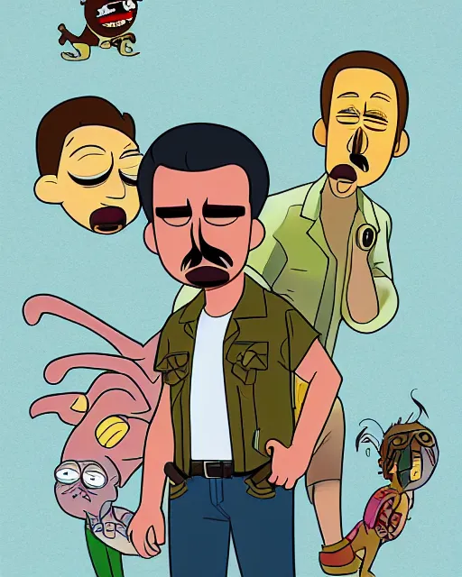 Image similar to magnum p. i. in the style of rick and morty, character art, digital art, 4 k