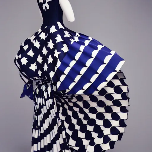 Image similar to A dress inspired by the Gwenn ah du. A dress modelled after the flag of Brittany. Studio lighting