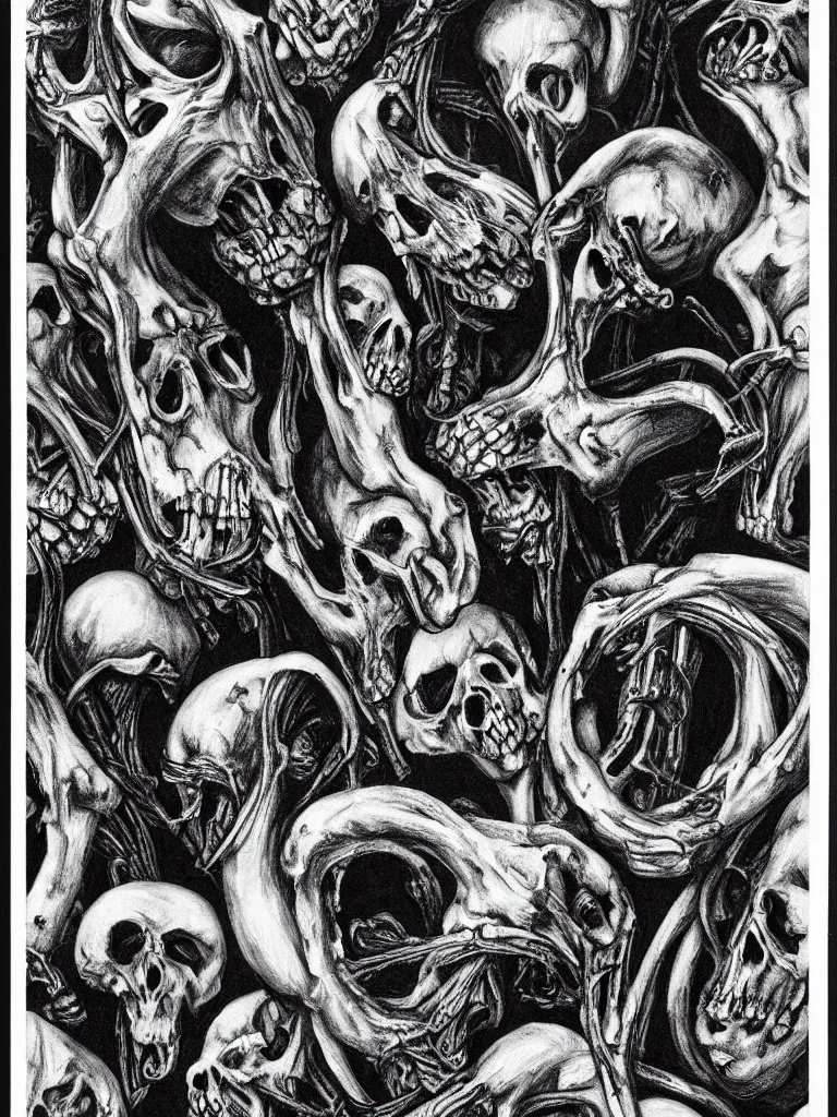 Prompt: Hyper-realistic black and white Valentine's Day card made of big skulls and big bones by H.R. Giger