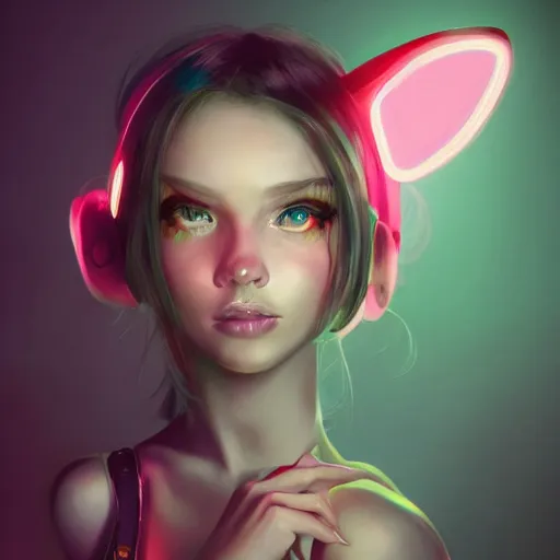 Image similar to portrait of a cute young woman with robot ears and eyes, 4k, sharp focus, neon colored fluorescent lighting, Andreas Rocha, perfect faces, fine details