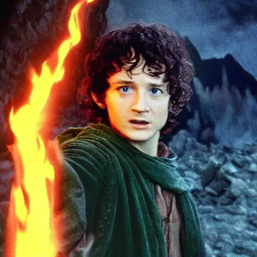 Prompt: Frodo taking a selfie after destroying the one Ring at Mount Doom, photograph, go pro, fire , lava, self portrait, in the style of the Lord of the Rings movies