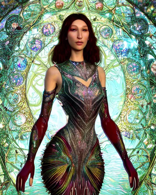 Image similar to a highly detailed metahuman 8 k close up render of bella hadid as alice in wonderland renaissance in iris van herpen dress schiaparelli in diamonds crystals swarovski and jewelry iridescent in style of alphonse mucha gustav klimt trending on artstation made in unreal engine 4