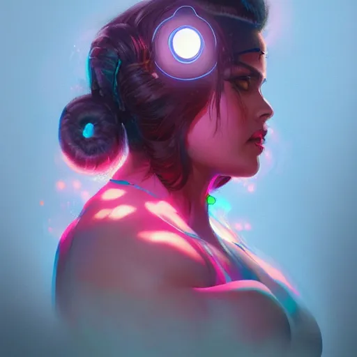 Image similar to thic hindu woman with a futurestic skin tattoo and bio-technical parts and neon light by Artgerm and Greg Rutkowski , digital painting, highly detailed, trending on artstation