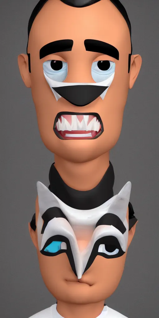 Prompt: 'cartoon concept character in 3d, a young Hispanic guy wearing a cartoon shark cloth facemask'