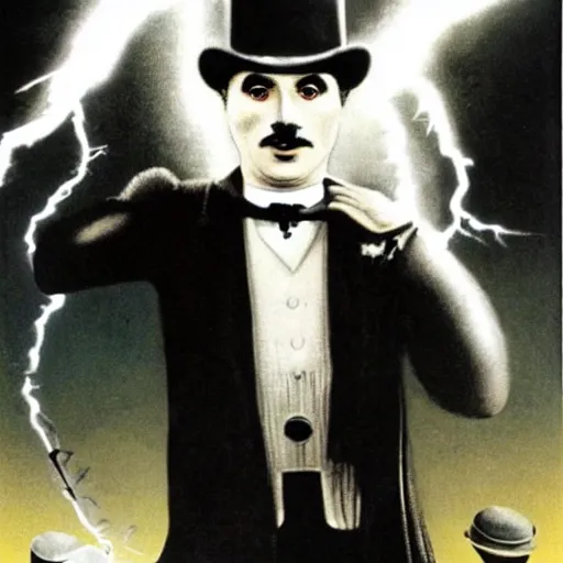 Image similar to Charlie Chaplin as The Terminator, movie poster, dramatic lightning