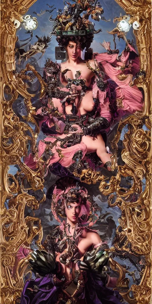 Image similar to full-body rococo and cyberpunk style sculpture of a young seductive Latino prince half android with a chest exposing circuitry, glowing pink seductive laser eyes, crown of blue gears and diamonds, swirling salmon-colored silk fabric, robotic raptors dinosaurs. baroque elements. full-length view. intricate artwork by caravaggio. art by Artgerm and Greg Rutkowski and Alphonse Mucha, Trending on artstation, cinematic industrial lighting, hyper realism, octane render, 8k, depth of field, 3D