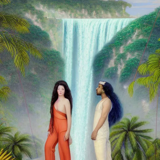 Image similar to a ultradetailed beautiful painting of lorde, frank ocean, the weeknd and lana del rey standing in front of the diamonds waterfall in the amazonas palace balustrade designed by jules bastien - lepage, tarsila do amaral, frank weston and gustave baumann, beach, trending on artstation, mediterranean, palm trees, sharp focus, soft light, 8 k 4 k