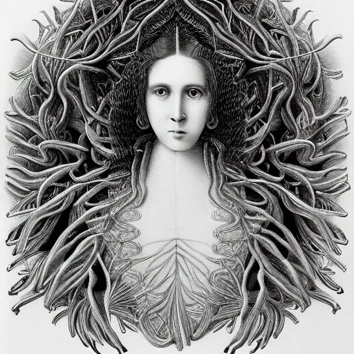 Image similar to bw linear pencil drawing woman portrait by ernst haeckel