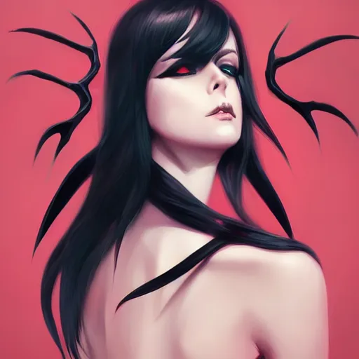 Image similar to demonic satanic woman with black bat wings, elegant, highly detailed, digital painting, artstation, concept art, sharp focus, illustration, strong brush stroke, anime, sharp focus, ghibli studio, art by ilya kuvshinov, rossdraws