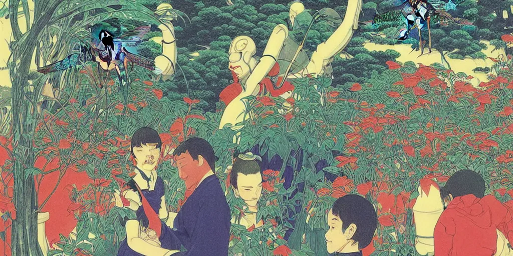 Image similar to gigantic robotic dragonflies with human faces catch tiny robots, a lot of exotic plants around, human heads everywhere, risograph by kawase hasui, edward hopper, satoshi kon and moebius, no text!, colorful flat surreal design, super - detailed, a lot of tiny details, fullshot